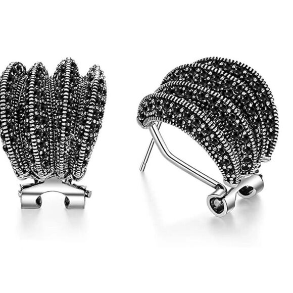 Sparkling Silver Wide Marcasite Gemstone Wave "J" Hoop Leverback Earrings - Picture 4 of 6